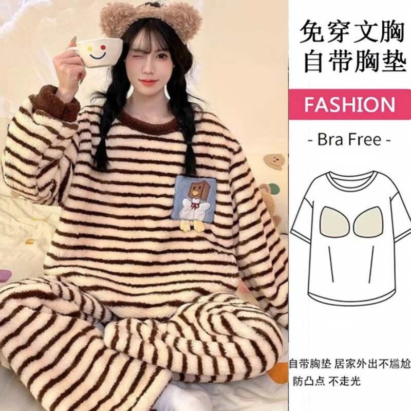 Winter Coral Velvet Korean Style Student Cute Long-Sleeved Autumn and Winter Thickened Flannel Large Size Home Clothes Set with Chest Pads Winter Coral Velvet Korean Style Student Cute Long-Sleeved Autumn and Winter Thickened Flannel Large Size Home Clothes Set with Chest Pads