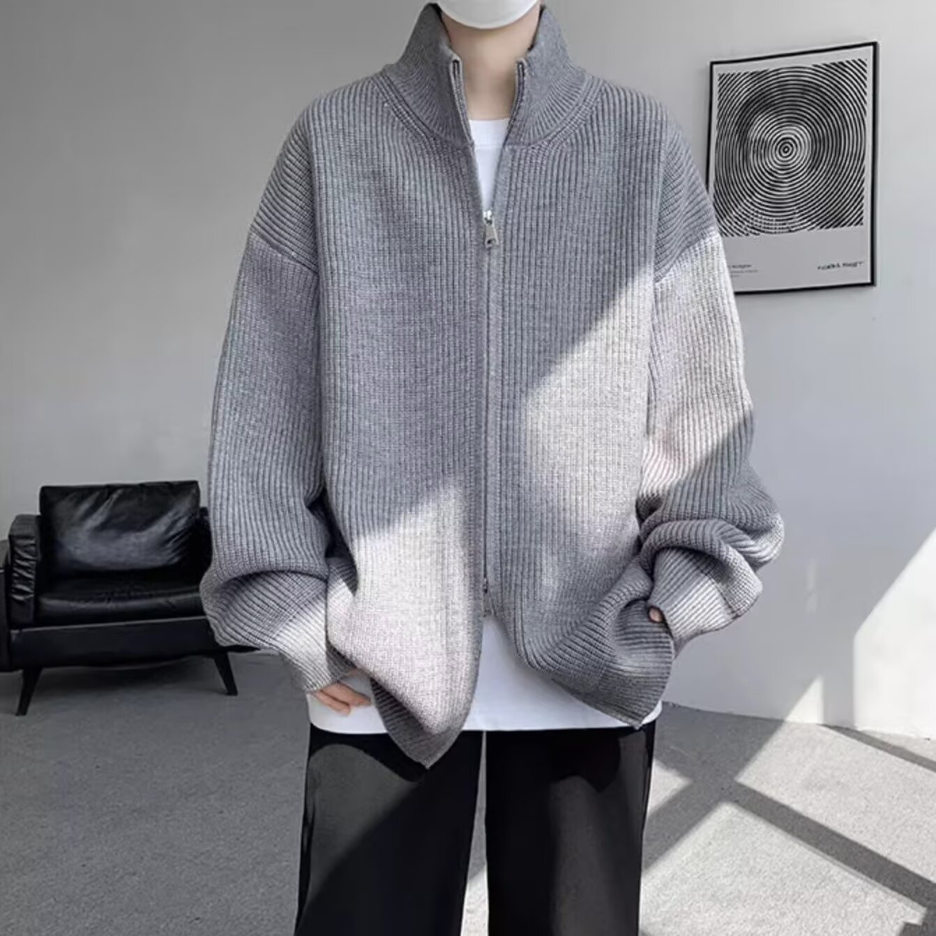 Retro Color-Block Cardigan – Oversized Stand Collar Sweater With Dual-Zip (M-3XL, Grey/Black)_voghion.com