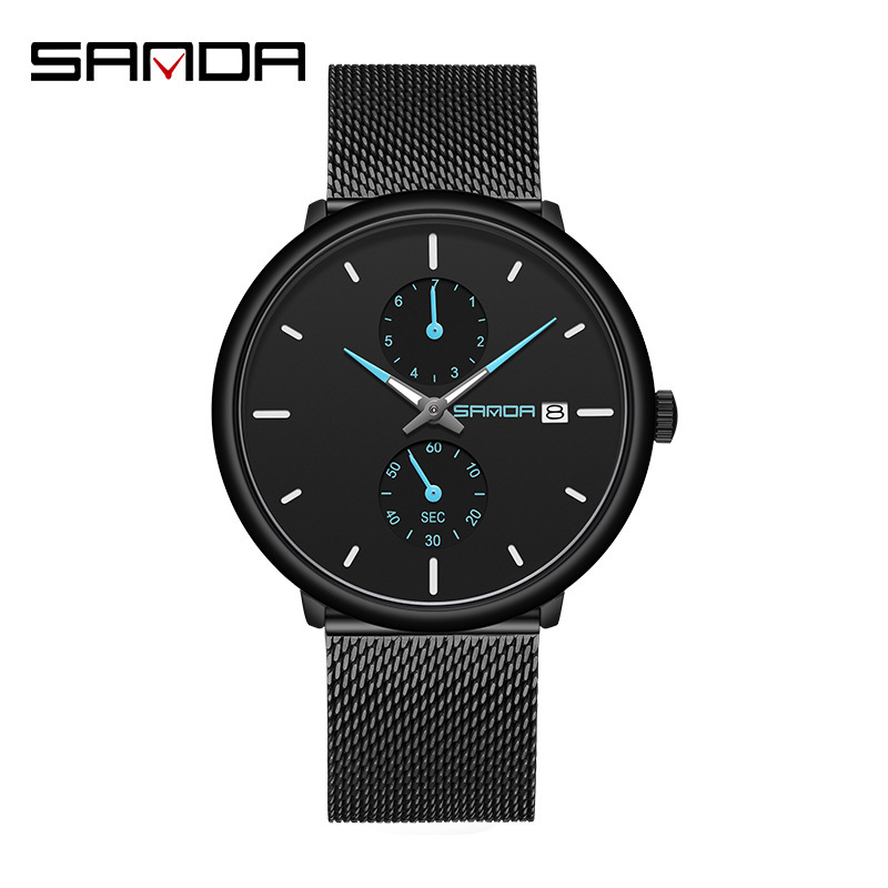 Sanda 1115 nuevo cinturón deportivo calendario impermeable reloj de cuarzo Moda simple hombres malla Correa reloj