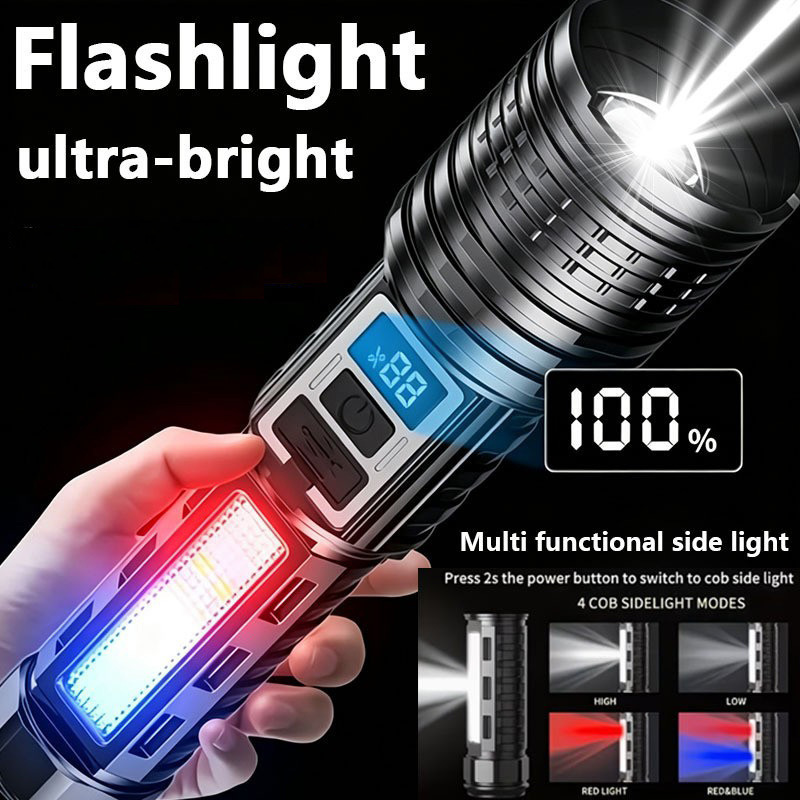 Cross-border intelligent digital display white laser flashlight, retractable long-range outdoor work light, side light, red and blue warning light flashlight Cross-border intelligent digital display white laser flashlight, retractable long-range outdoor work light, side light, red and blue warning light flashlight