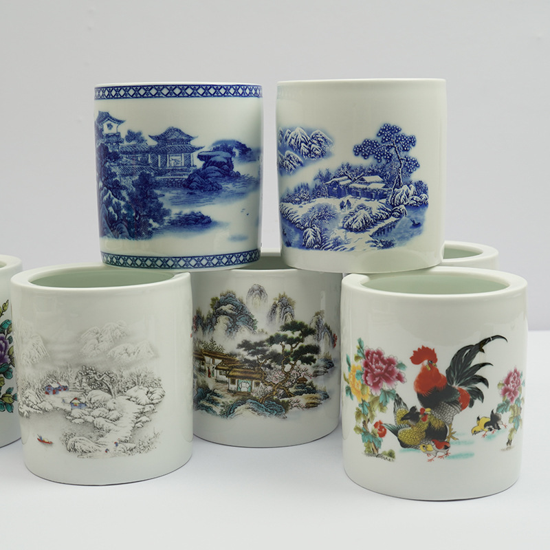文房四宝景德镇制陶瓷笔筒学生书法绘画插笔毛笔筒办公摆件礼品