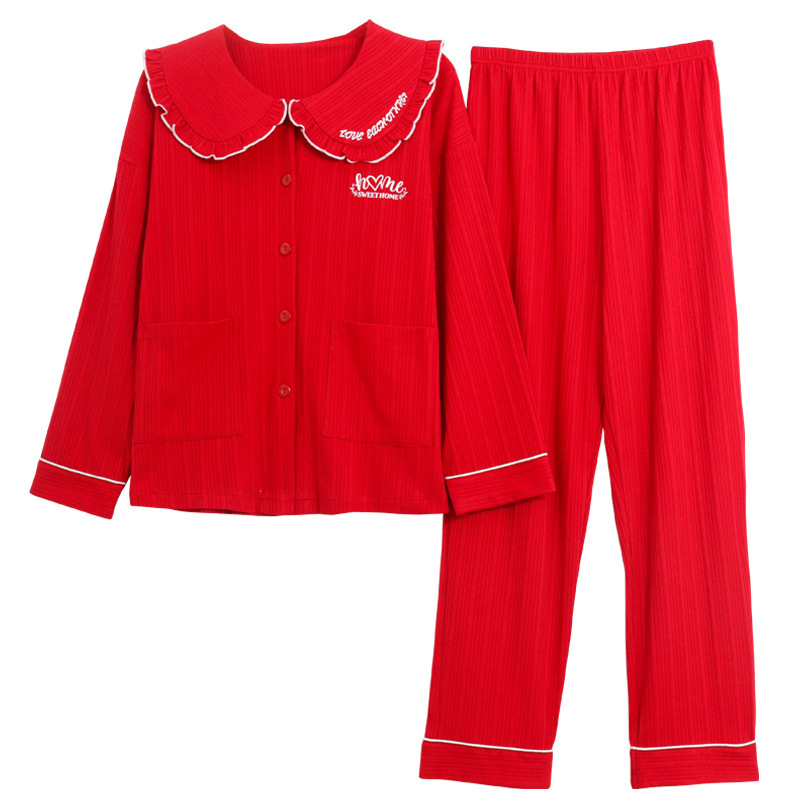 Jiao Caimeng nuevo primavera y otoño pareja pijamas de manga larga de algodón cardigan solapa color sólido de alta gama rojo traje de desgaste para el hogar