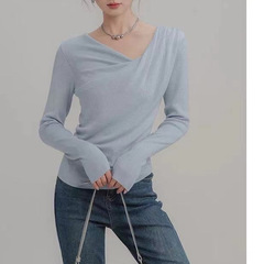不規則なVネックのプリーツ入り長袖ニットセーター、女性用、春のデザイン、スリムフィット、インナーウェア、ファッショナブルでエレガント