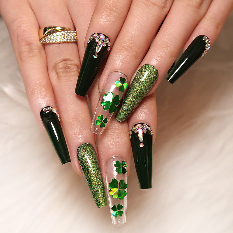 Wearable Nails for St. Patrick's Day Manicure, Green Glitter Nail Patches, Rhinestone Long Green Leaf Nail Pieces, Finished Product