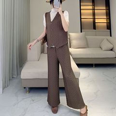 女性用のエレガントで高級なスーツ、シンプルで軽い職業スタイルの菱形エンボスベストトップ、ルーズストレートパンツ2点セット