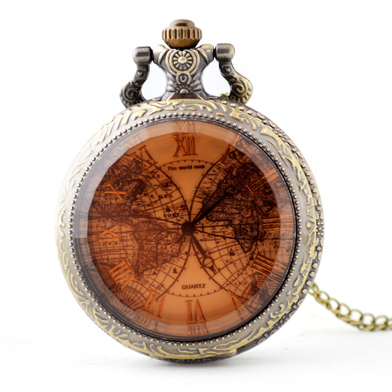 Boshiya Watch Accessories Wholesale Brown Glass Double Earth Pocket Watch Unisex Casual Quartz Retro Pocket Watch
