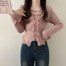 法式蕾丝花边长袖设计感小众针织衫女冬季黑色气质修身显瘦上衣服