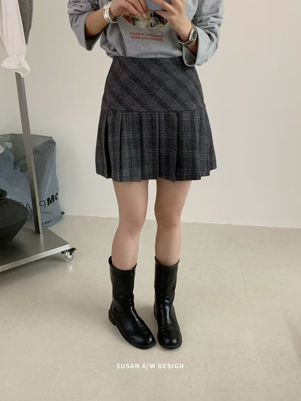 苏珊 2025早秋季新款高腰复古格子纹百褶短裙A字半身裙子女DS287|undefined