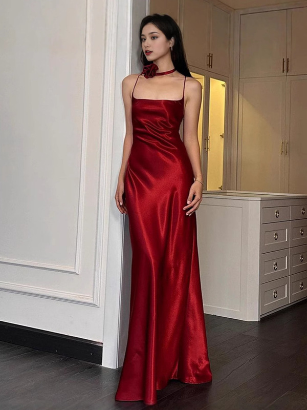 European and American Cross-Border Fashion Sexy Hot Girl Lv Women's Solid Color Simple Satin Slim Fit Bodycon Long Dress Lv Dress