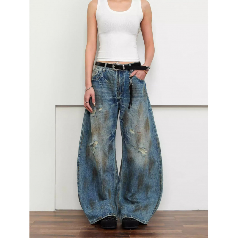American-Style Cross-Border Vintage Distressed Embroidered Dyed Ripped Scimitar Jeans for Men and Women, Loose Wide-Leg Long Pants, Trendy Brand