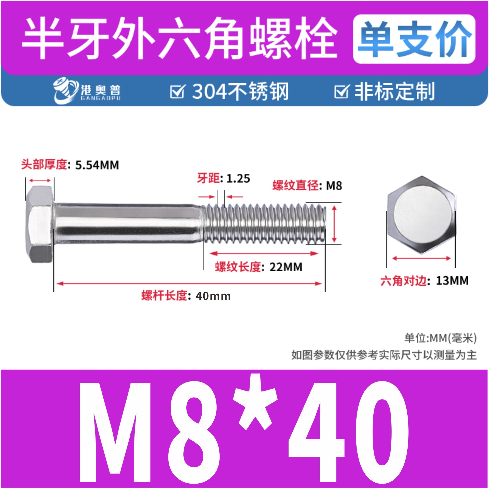 Tornillos hexagonales de media rosca, acero inoxidable 304