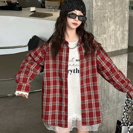 女童春季红色格子衬衫外套2025新款中大儿童洋气休闲夹克风衣春秋