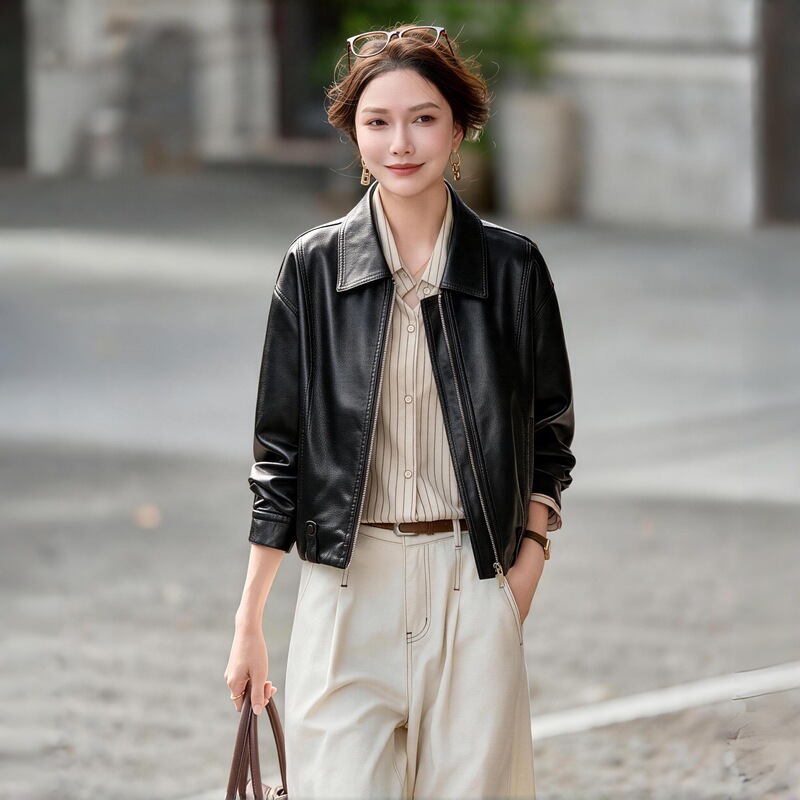 Women's Turn-down Collar Leather Jacket, Fall 2026 New Style, High-end Short Loose Plus Size Versatile Top Women's Turn-down Collar Leather Jacket, Fall 2026 New Style, High-end Short Loose Plus Size Versatile Top