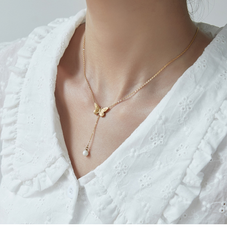 Fashion Butterfly Titanium Steel Tassel Pearl Necklace Colorza_colorza_15