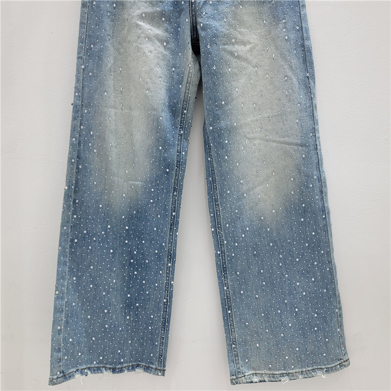Pantalones Mezclilla Anchos con Pedrería de Mezclilla, Efecto Lavado, para Verano