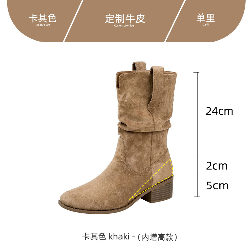 羊皮版！西部褶皱短靴女堆堆靴复古英伦风小个子内增高中筒马丁靴|undefined