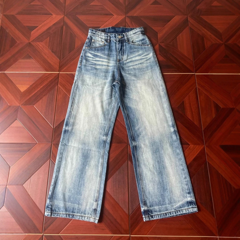 Cross-border washed distressed cream ice blue vintage combat bull king A-line unisex loose casual straight-leg jeans Cross-border washed distressed cream ice blue vintage combat bull king A-line unisex loose casual straight-leg jeans