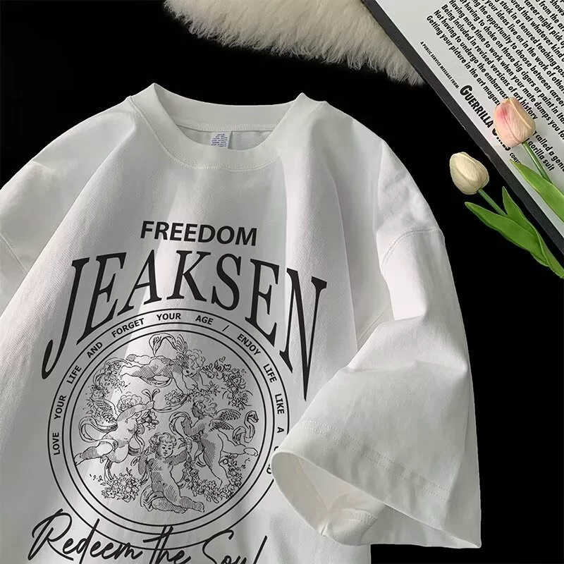 Хлопковая футболка с короткими рукавами для мужчин летняя тяжелая буква американский прилив бренд красивый высокий уличный свободный повседневный футболка с половинным рукавом