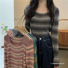 方领早秋打底衫2025修身内搭春秋季新款复古显瘦上衣条纹针织衫女