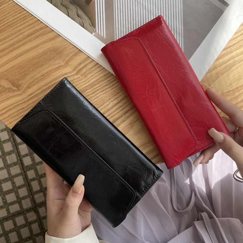 2025 New Long Wallet Women's Fashion Ultra-Thin Ins Trendy Crackle Leather Wallet European and American Big-Name Magnetic Buckle