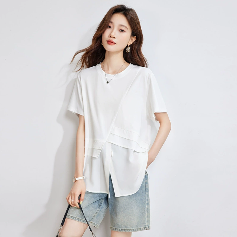 Женская футболка с короткими рукавами, лето 2025, новый модный дизайн с разрезом, асимметричный свободный повседневный хлопковый топ большого размера