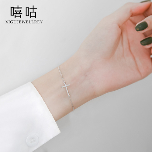 Xigu H0053 S925 Silver Cross Simple Slim Bracelet Women's Fashionable Commuting Silver Bracelet Jewelry