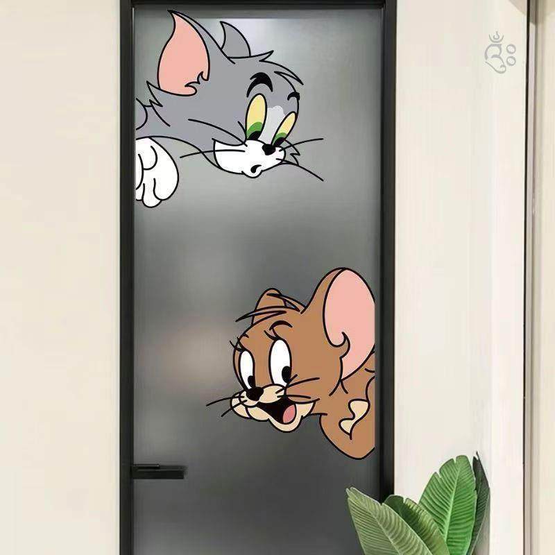 Cat and Mouse Bathroom Glass Door Stickers Creative Cartoon Bathroom Toilet Decoration Stickers Kitchen Waterproof Film