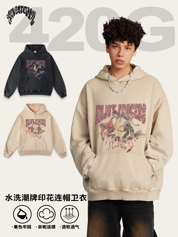 Impresora de marcas| 2025 otoño y invierno juveniles sueltos algodón skate con sudadera encapuchada sudadera de lavado de agua americana para hombres