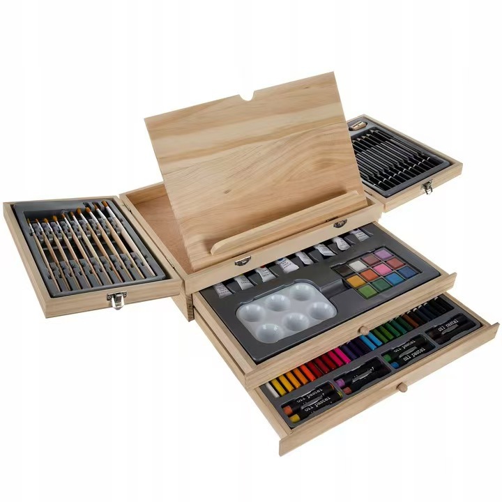 Chiyuan 82 conjuntos de suministros de pintura de arte, caja de herramientas especial para estudiantes de arte, caja de regalo de madera, conjunto completo de pincel de arte