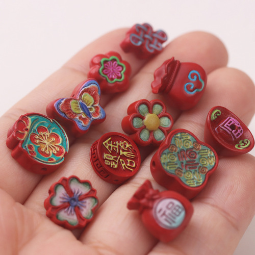 Colorful Cinnabar Accessories High Content Auspicious Cloud Yuanbao Luck Transfer Flower Water Flying Sand Jewelry DIY Birth Year Bracelet Necklace