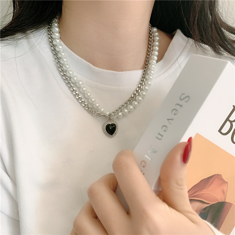 fashion new style Double Titanium Steel Pearl Necklace