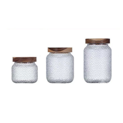 Creative Hammered Acacia Wood Storage Jar Transparent Household Kitchen Organizer for Grains, Coffee Beans, and Tea Glass Sealed Container