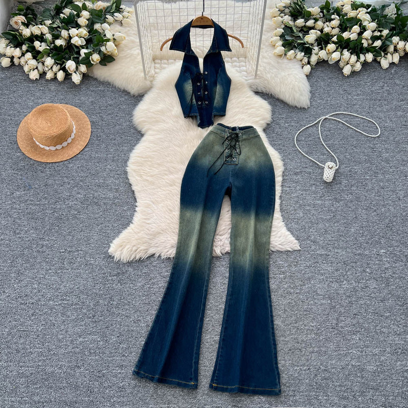 Retro Cool Halter Neck Sleeveless Vest + High-Waisted Slim-Fit Gradient Color Tie-Up Denim Set for Women Summer Retro Cool Halter Neck Sleeveless Vest + High-Waisted Slim-Fit Gradient Color Tie-Up Denim Set for Women Summer