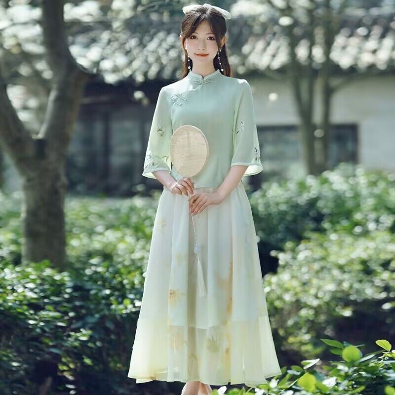新中式汉元素禅意茶服旗袍两件套改良汉服女文艺国风仙气上衣套装|undefined