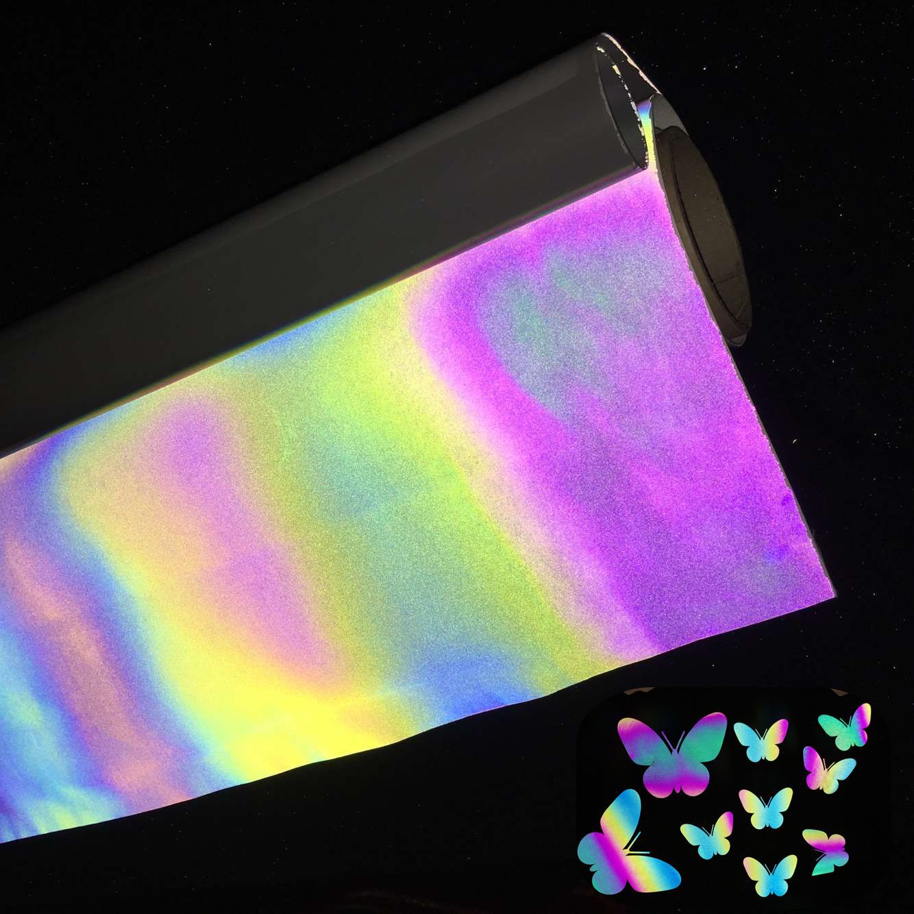 反光材料厂家批发耐水洗服装反光膜 七彩渐变反光标蝴蝶反光标胶