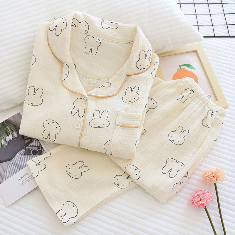 Pajamas Women's Long Sleeve Cotton Gauze Crepe Carto Rabbit Spring Summer Thin Cotton Yarn Autumn Home Suit