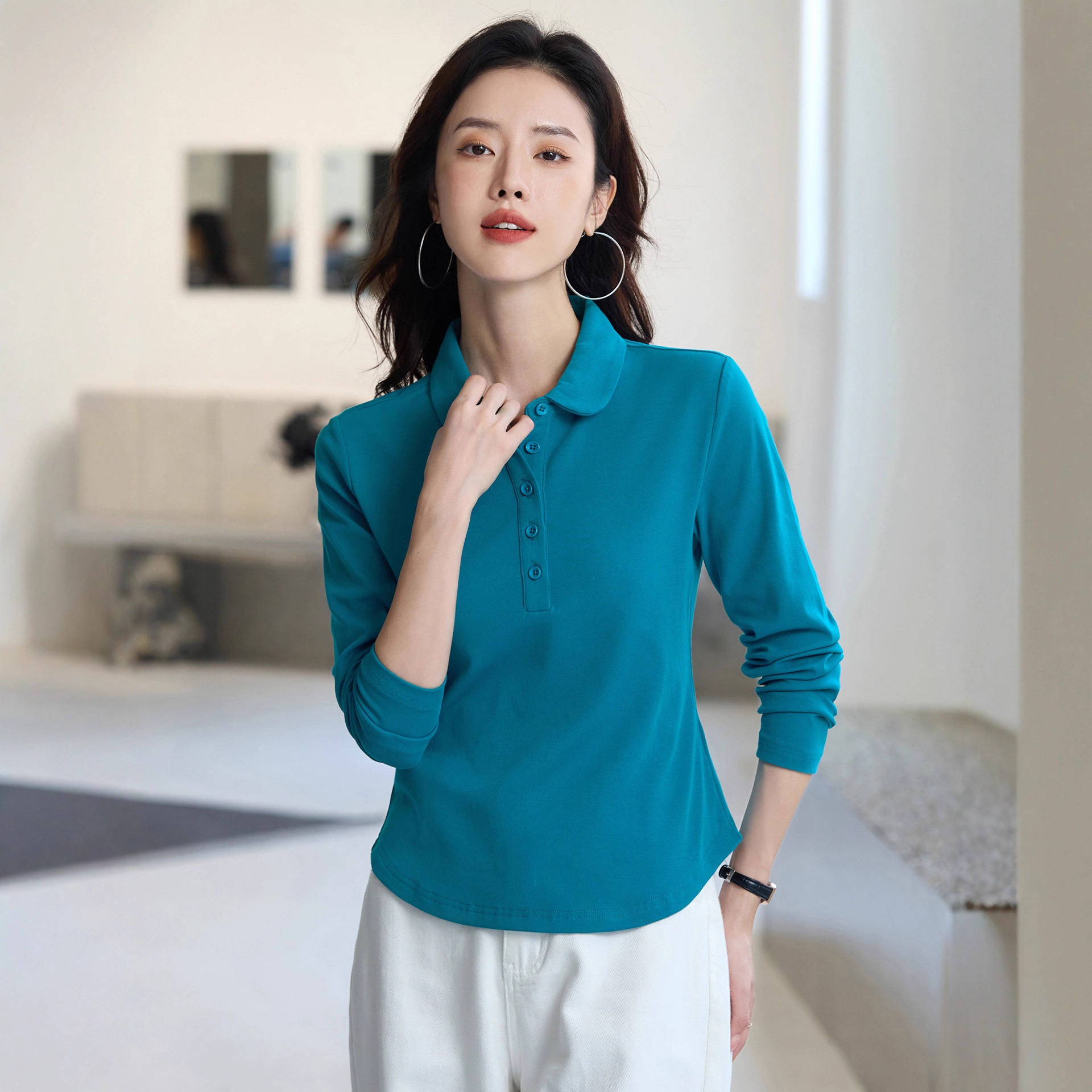 New Stylish Lapel Slim-Fit Versatile Simple Top with Buttoned Lapel, Long-Sleeve Women's T-Shirt for Autumn 315