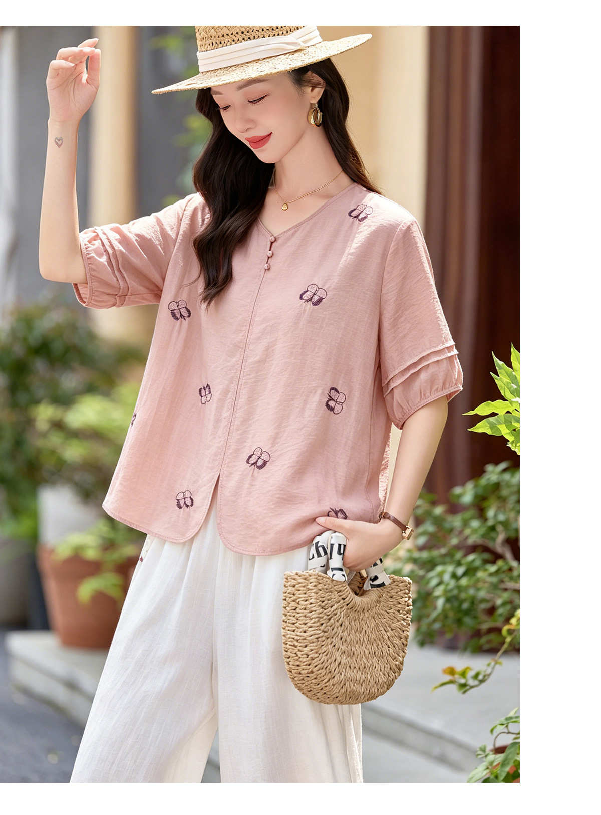 Bộ hai mảnh nữ hè 2026 áo thêu phối quần ống rộng cao cấp MM6652 — Màu hồng, màu đỏ chi tiết 23
