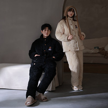 超厚三层夹棉高领情侣睡衣女冬季可爱珊瑚绒棉袄可外穿男