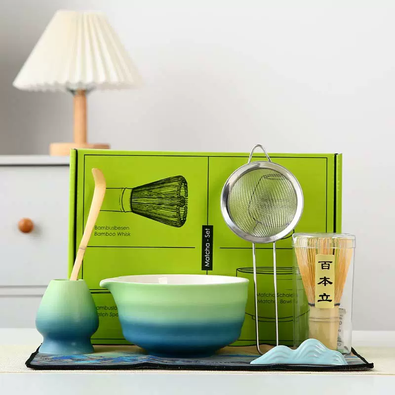 跨境专供陶瓷渐变抹茶碗带嘴组合套装茶筅立茶百戏点茶打抹茶工具