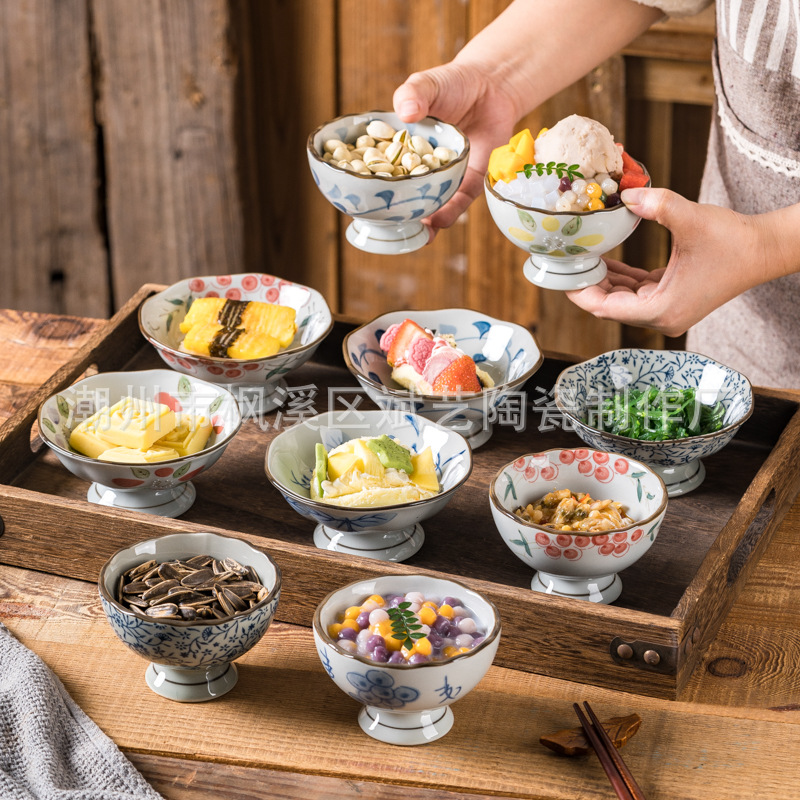 日式釉下彩陶瓷高脚碗盅创意陶瓷餐具零食小菜水果碗茶点心碟