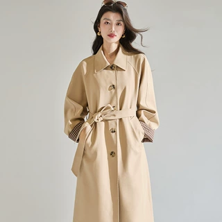 26秋季新款经典翻领外套气质优雅格纹袖口拼接风衣女29073