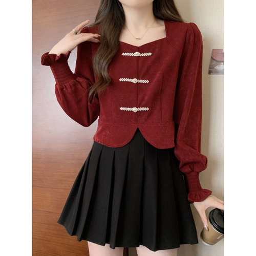 Larger size long-sleeved women's shirt for early autumn, 2025 Chinese style, national wind red, distinctive, slimming, covering the stomach, temperament top