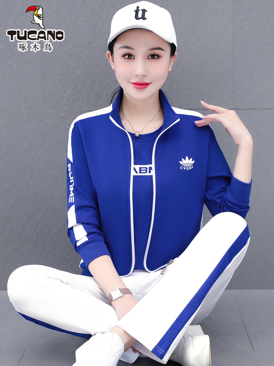 啄木鸟2025新款春秋休闲运动套装妈妈三件套棉带杠洋气广场舞演出