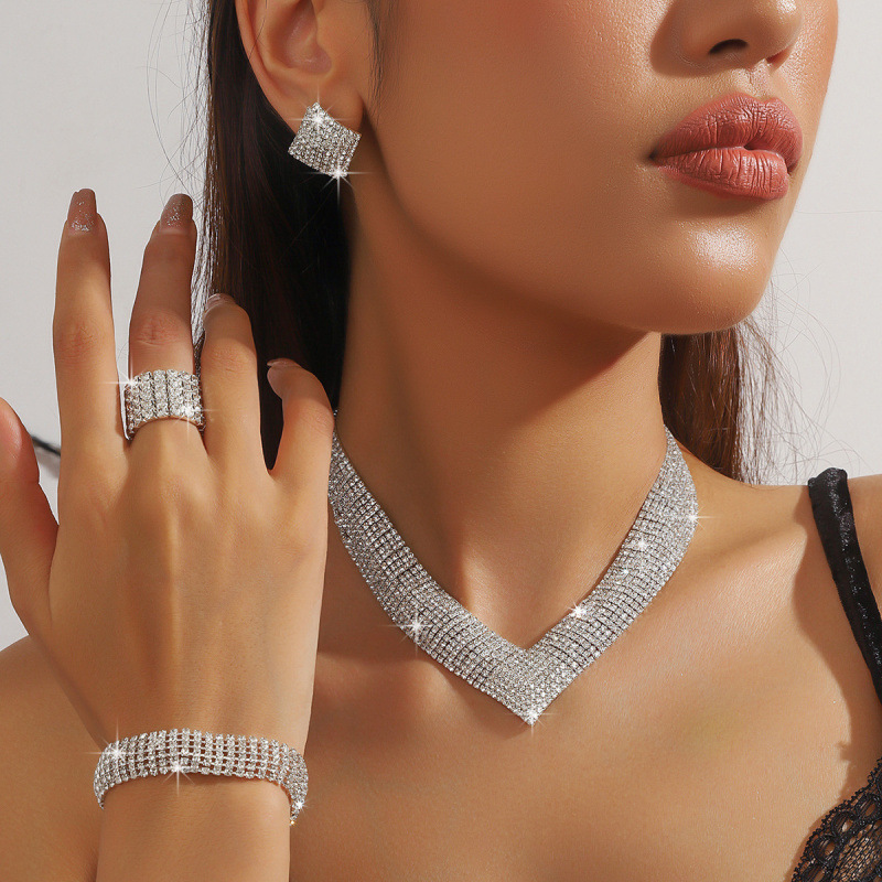 Fashionable popular atmospheric rhinestone silver plated bridal jewelry necklace bracelet elastic ring suit dress_voghion.com