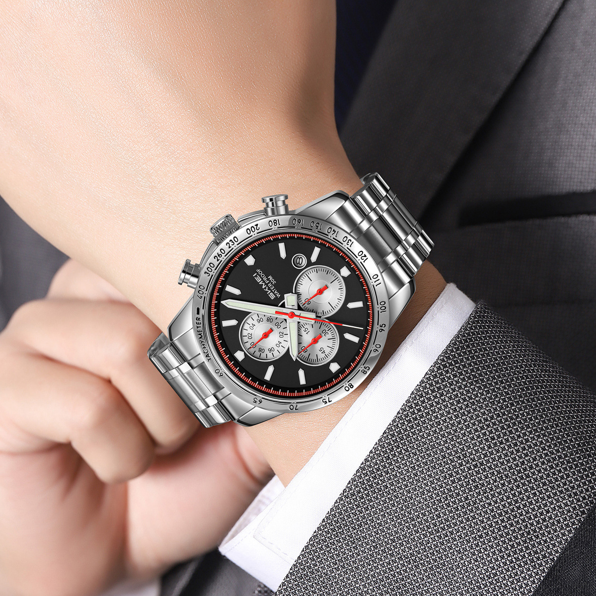 Momento de reloj de cuarzo cronógrafo multifuncional 30 metros relojes deportivos para hombres comercio exterior mayorista transfronterizo