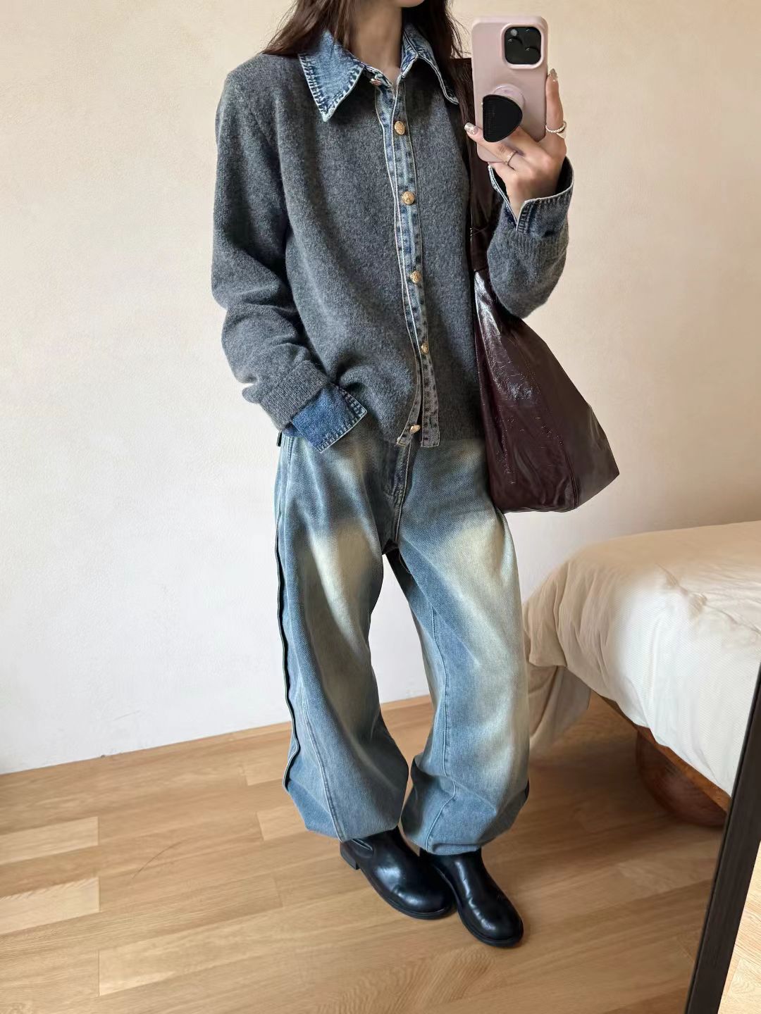 Denim design demi-season cardigan