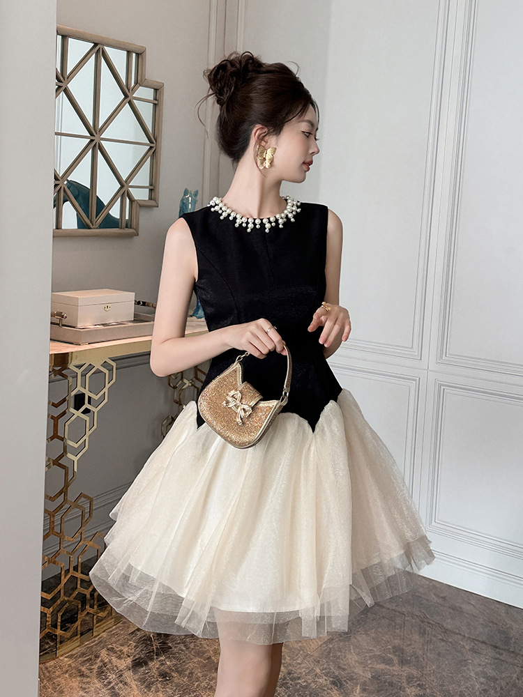 Đầm maxi nữ cổ tròn không tay thắt eo phong cách Pháp vải lưới phồng — Màu đen, Màu mơ