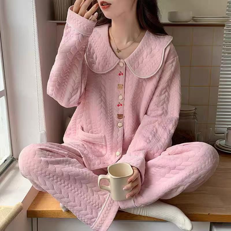 100% algodón Otoño e Invierno sándwich pijamas mujeres aire algodón espesado manga larga estilo coreano Delgado acolchado engrosado homewear