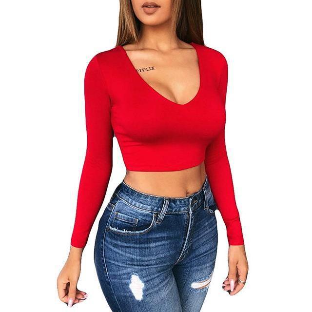 Primavera y otoño nuevo cuello de pollo con cuello en V doble delantero y trasero cuello bajo hombrera corta SLIM-Fit Camiseta de manga larga camisa de fondo de las mujeres rojo